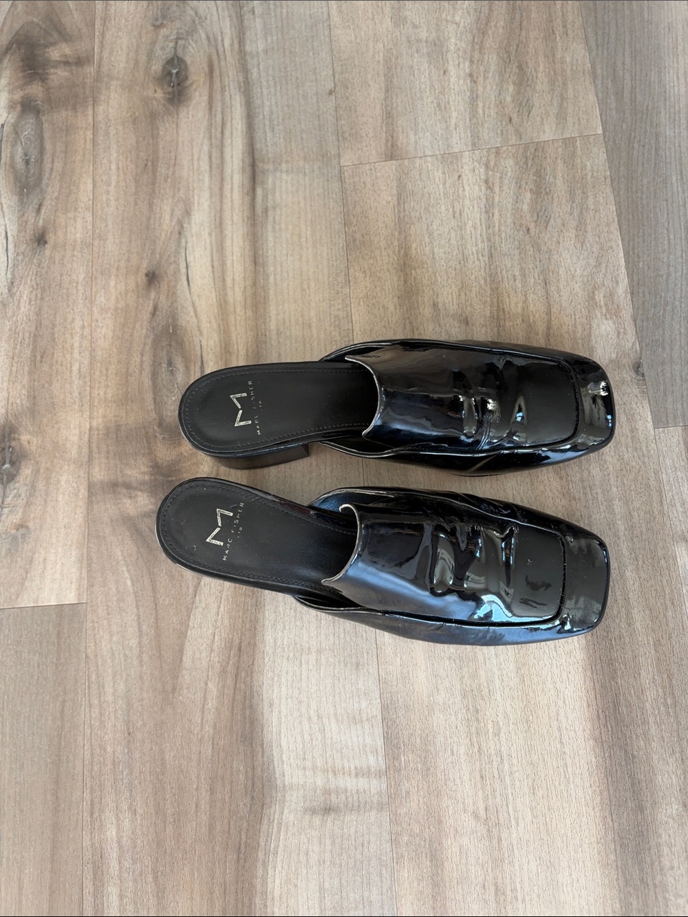 Marc Fisher Black Patent Leather Square-Toe Mule